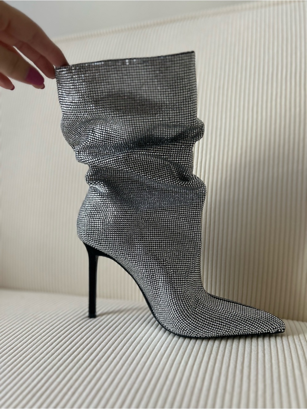 Zara Silver Crystal Slouch Pointed-Toe Stiletto Bootie EUR38